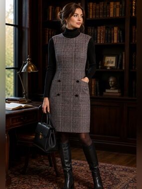 Vintage Osborne Korean 66 Gray Pink Plaid Wool Blend Sleeveless Sheath Dress